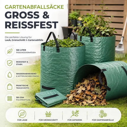 3x 120 Liter Gartenabfallsack groß & reißfest – 150 GSM Laubsack aus Polypropylen – Gartensack für Laub, Rasenschnitt & Grünschnitt (3x 120 Liter)