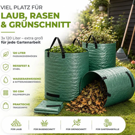 3x 120 Liter Gartenabfallsack groß & reißfest – 150 GSM Laubsack aus Polypropylen – Gartensack für Laub, Rasenschnitt & Grünschnitt (3x 120 Liter)