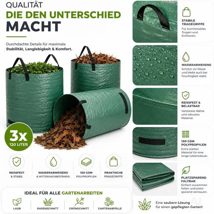3x 120 Liter Gartenabfallsack groß & reißfest – 150 GSM Laubsack aus Polypropylen – Gartensack für Laub, Rasenschnitt & Grünschnitt (3x 120 Liter)