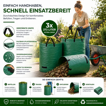 3x 272 Liter Gartenabfallsack groß & reißfest – 150 GSM Laubsack aus Polypropylen – Gartensack für Laub, Rasenschnitt & Grünschnitt (3x 272 Liter)
