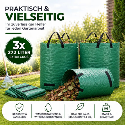 3x 272 Liter Gartenabfallsack groß & reißfest – 150 GSM Laubsack aus Polypropylen – Gartensack für Laub, Rasenschnitt & Grünschnitt (3x 272 Liter)