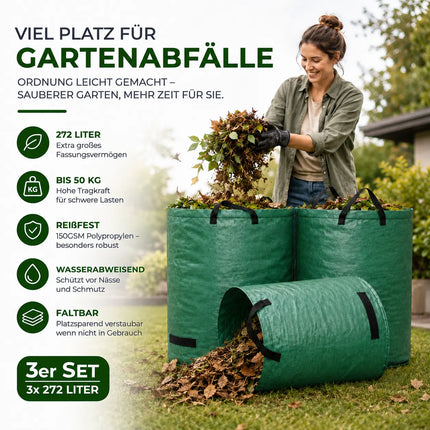 3x 272 Liter Gartenabfallsack groß & reißfest – 150 GSM Laubsack aus Polypropylen – Gartensack für Laub, Rasenschnitt & Grünschnitt (3x 272 Liter)