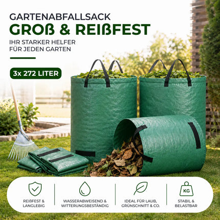 3x 272 Liter Gartenabfallsack groß & reißfest – 150 GSM Laubsack aus Polypropylen – Gartensack für Laub, Rasenschnitt & Grünschnitt (3x 272 Liter)