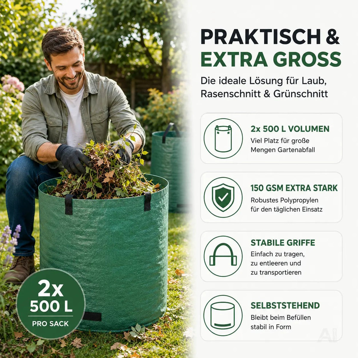 3x 272 Liter Gartenabfallsack groß & reißfest – 150 GSM Laubsack aus Polypropylen – Gartensack für Laub, Rasenschnitt & Grünschnitt (3x 272 Liter)
