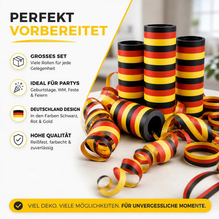 3x Deutschland Luftschlangen Schwarz Rot Gelb – Partydeko zur Fußball WM 2026 & Weltmeisterschaft