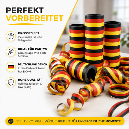 3x Deutschland Luftschlangen Schwarz Rot Gelb – Partydeko zur Fußball WM 2026 & Weltmeisterschaft