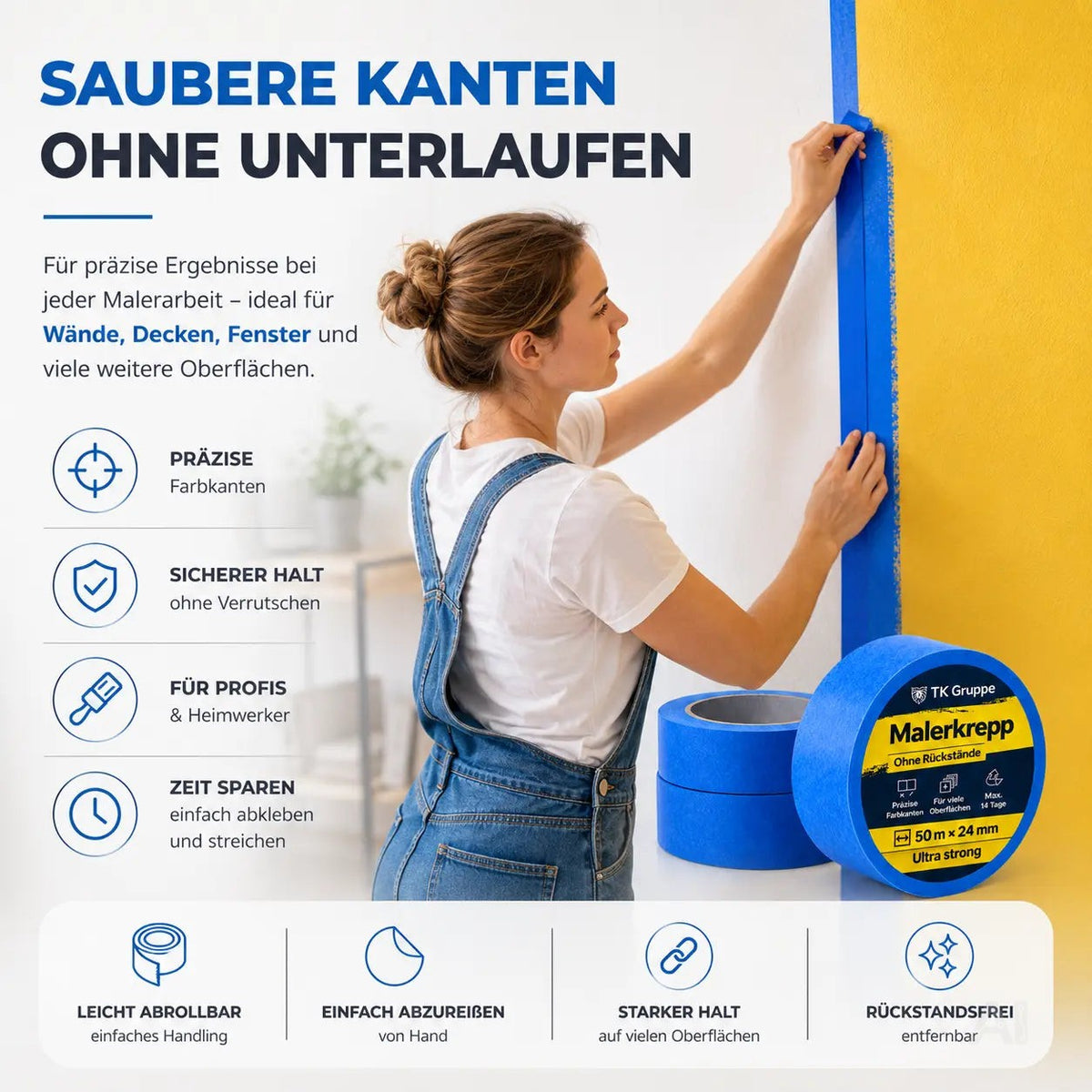 3x Malerkrepp 50 m x 24 mm – Kreppband Klebeband Abklebeband Painty Tape für Streichen & Malerarbeiten
