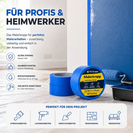 3x Malerkrepp 50 m x 24 mm – Kreppband Klebeband Abklebeband Painty Tape für Streichen & Malerarbeiten