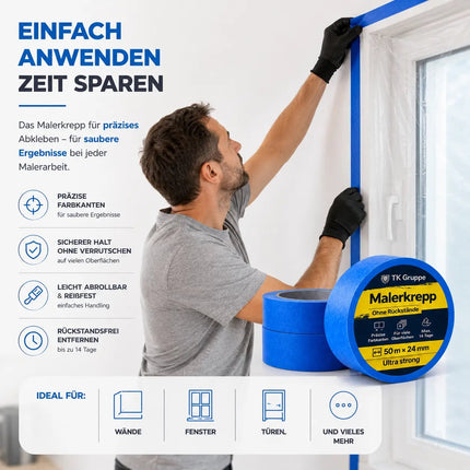 3x Malerkrepp 50 m x 24 mm – Kreppband Klebeband Abklebeband Painty Tape für Streichen & Malerarbeiten