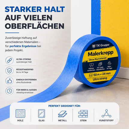 3x Malerkrepp 50 m x 24 mm – Kreppband Klebeband Abklebeband Painty Tape für Streichen & Malerarbeiten