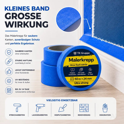 3x Malerkrepp 50 m x 24 mm – Kreppband Klebeband Abklebeband Painty Tape für Streichen & Malerarbeiten