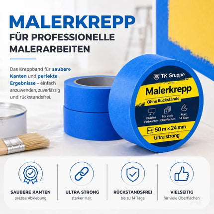 3x Malerkrepp 50 m x 24 mm – Kreppband Klebeband Abklebeband Painty Tape für Streichen & Malerarbeiten