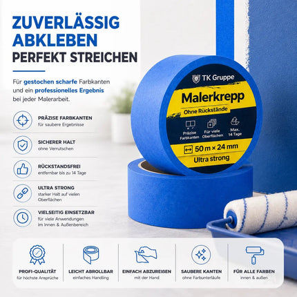 3x Malerkrepp 50 m x 24 mm – Kreppband Klebeband Abklebeband Painty Tape für Streichen & Malerarbeiten