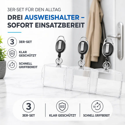 3x Premium Ausweishalter mit einziehbarer/ausziehbar Schlüsselanhänger - Ausweishülle