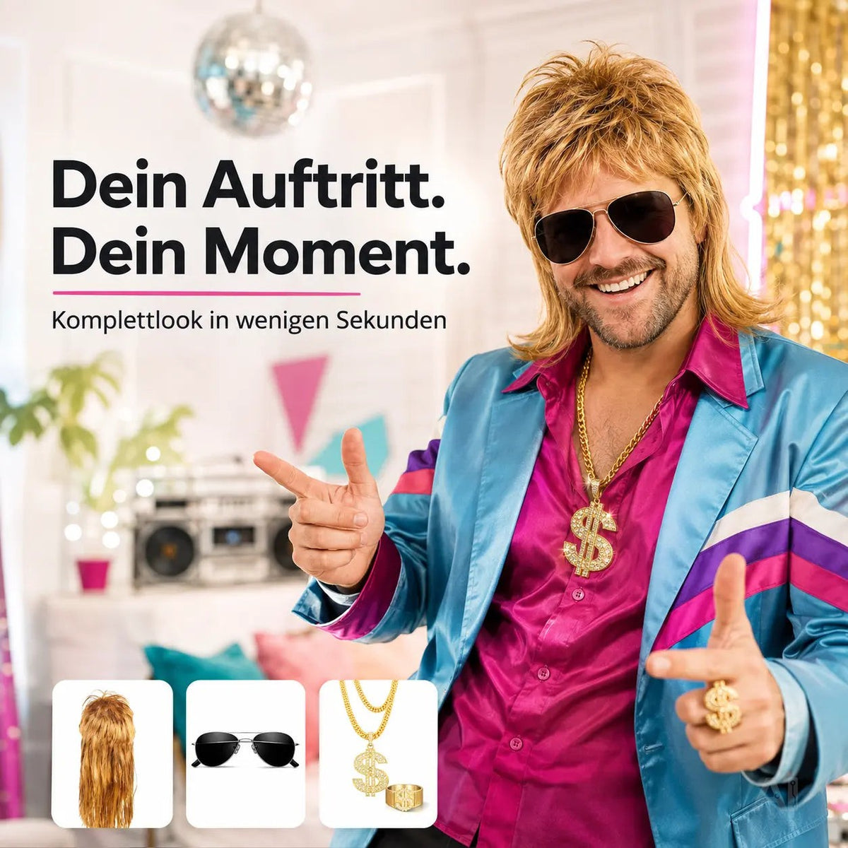 4-in-1 Kostüm Set für Fasching & Karneval – Vokuhila 80er & 90er Kostüm mit Assi Perücke – Detailansicht 2