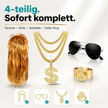 4-in-1 Kostüm Set für Fasching & Karneval – Vokuhila 80er & 90er Kostüm mit Assi Perücke – Detailansicht 3
