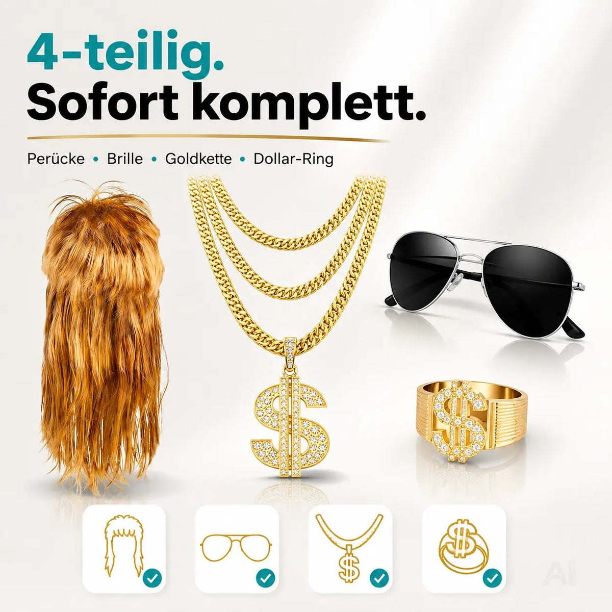 4-in-1 Kostüm Set für Fasching & Karneval – Vokuhila 80er & 90er Kostüm mit Assi Perücke – Detailansicht 3