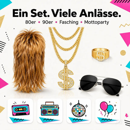 4-in-1 Kostüm Set für Fasching & Karneval – Vokuhila 80er & 90er Kostüm mit Assi Perücke – Detailansicht 5