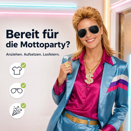 4-in-1 Kostüm Set für Fasching & Karneval – Vokuhila 80er & 90er Kostüm mit Assi Perücke – Detailansicht 6