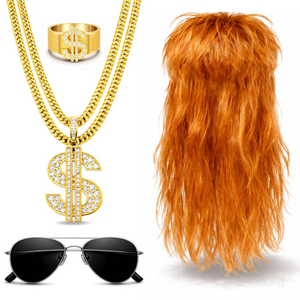 4 in 1 Vokuhila Kostüm Set – 80er 90er Goldkette, Brille mit Assi Perücke & Dollar Ring