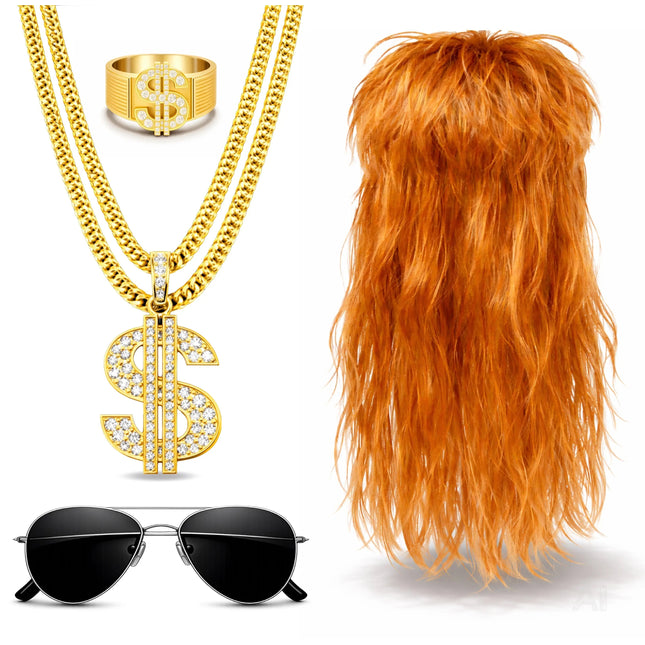 4 in 1 Vokuhila Kostüm Set – 80er 90er Goldkette, Brille mit Assi Perücke & Dollar Ring für Fasching & Karneval – Herren & Damen