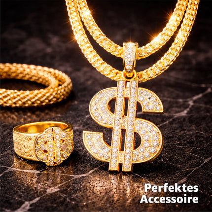 4 in 1 Vokuhila Kostüm Set – 80er 90er Goldkette, Brille mit Assi Perücke & Dollar Ring für Fasching & Karneval – Herren & Damen