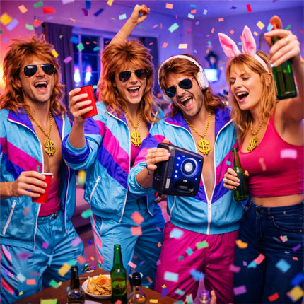 4 in 1 Vokuhila Kostüm Set – 80er 90er Goldkette, Brille mit Assi Perücke & Dollar Ring für Fasching & Karneval – Herren & Damen