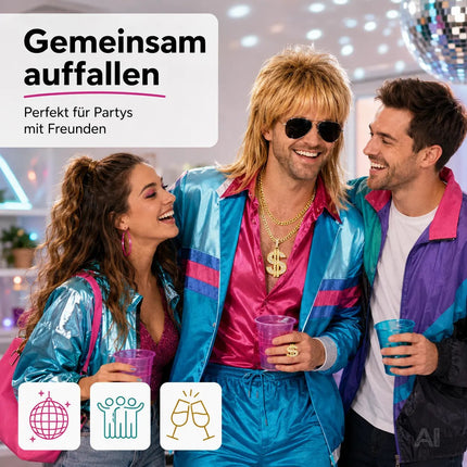4 in 1 Vokuhila Kostüm Set – 80er 90er Goldkette, Brille mit Assi Perücke & Dollar Ring – Detailansicht 4