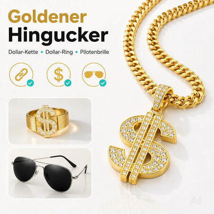 4 in 1 Vokuhila Kostüm Set – 80er 90er Goldkette, Brille mit Assi Perücke & Dollar Ring – Detailansicht 5