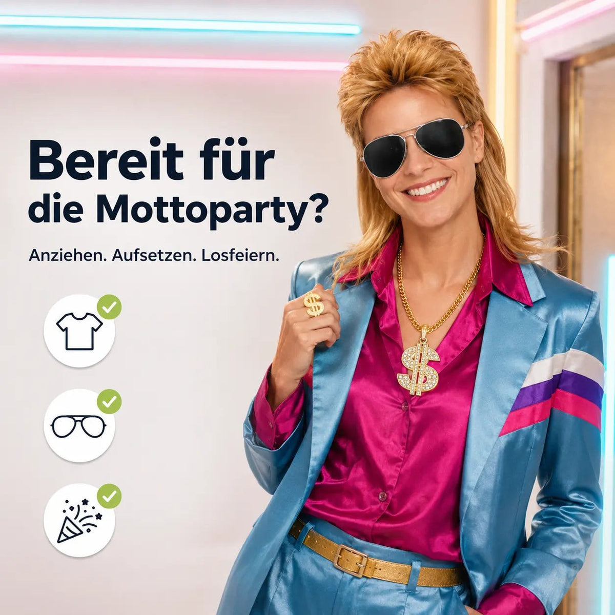 4 in 1 Vokuhila Kostüm Set – 80er 90er Goldkette, Brille mit Assi Perücke & Dollar Ring – Detailansicht 6