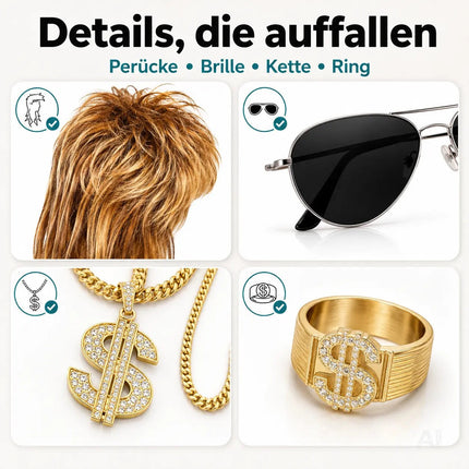 4 in 1 Vokuhila Kostüm Set – 80er 90er Goldkette, Brille mit Assi Perücke & Dollar Ring – Detailansicht 8