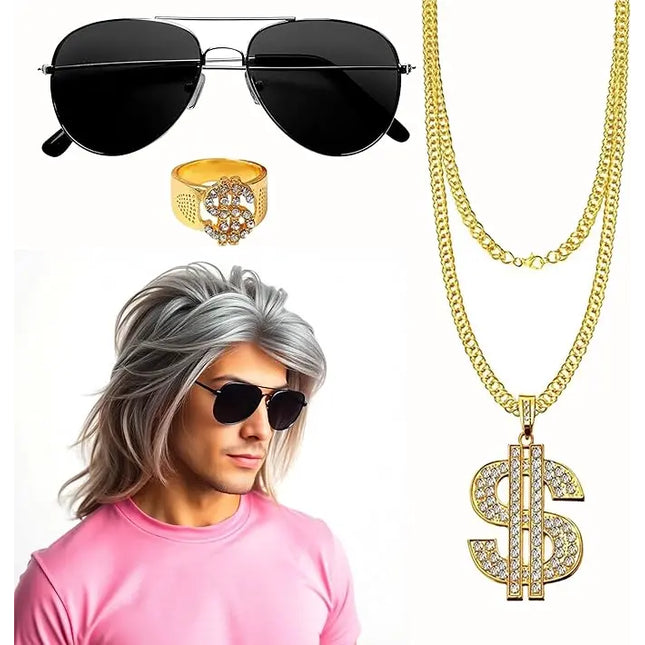 4 in 1 Vokuhila Kostüm Set mit Assi Perücke, Goldkette, Brille - für Fasching & Karneval für 80er 90er Kostüm