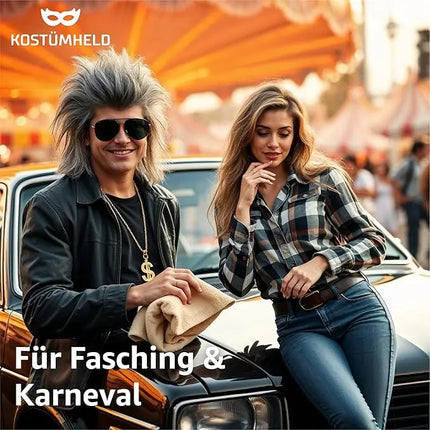 4 in 1 Vokuhila Kostüm Set mit Assi Perücke, Goldkette, Brille - für Fasching & Karneval für 80er 90er Kostüm
