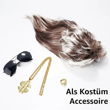 4 in 1 Vokuhila Kostüm Set mit Assi Perücke, Goldkette, Brille - für Fasching & Karneval für 80er 90er Kostüm