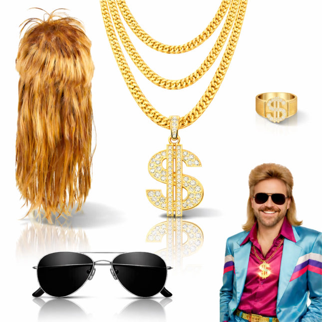 4 in 1 Vokuhila Set für Fasching & Karneval – mit Assi Perücke, Goldkette, Brille für 80er 90er Kostüm