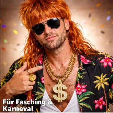 4 in 1 Vokuhila Set für Fasching & Karneval – mit Assi Perücke, Goldkette, Brille für 80er 90er Kostüm