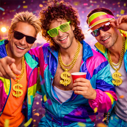4 in 1 Vokuhila Set für Fasching & Karneval – mit Assi Perücke, Goldkette, Brille für 80er 90er Kostüm