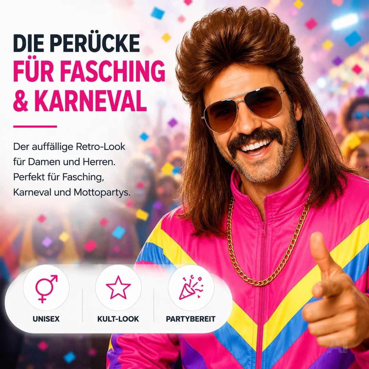 4 in 1 Vokuhila Set für Fasching & Karneval – mit Assi Perücke, Goldkette, Brille für 80er 90er – Detailansicht 2
