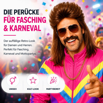 4 in 1 Vokuhila Set für Fasching & Karneval – mit Assi Perücke, Goldkette, Brille für 80er 90er Kostüm