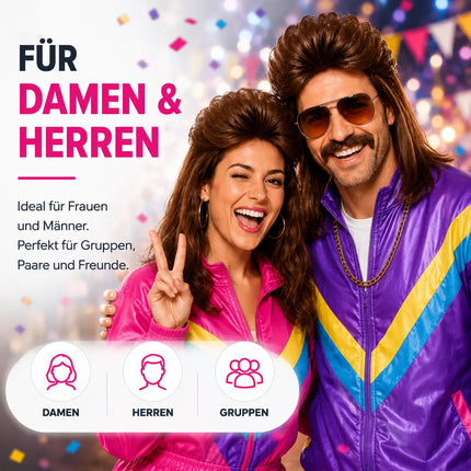 4 in 1 Vokuhila Set für Fasching & Karneval – mit Assi Perücke, Goldkette, Brille für 80er 90er Kostüm