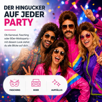 4 in 1 Vokuhila Set für Fasching & Karneval – mit Assi Perücke, Goldkette, Brille für 80er 90er Kostüm