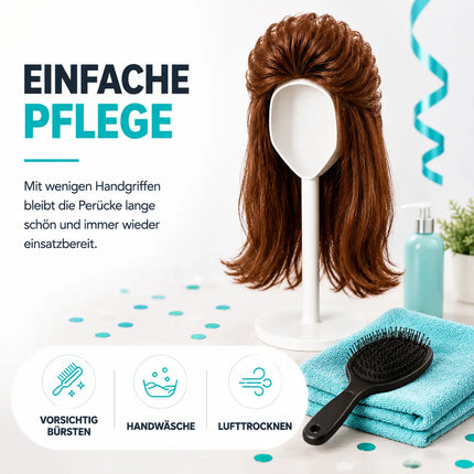4 in 1 Vokuhila Set für Fasching & Karneval – mit Assi Perücke, Goldkette, Brille für 80er 90er Kostüm