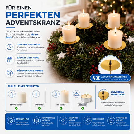 4X Kerzenstecker ca. 5 cm für Kerzen als Kerzenhalter Adventskranzstecker für Adventskranz Weihnachten Adventskranzhalter mit Dorn - Kerzenhalter (Gold)