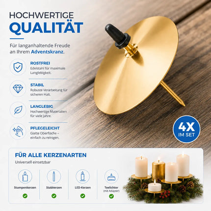 4X Kerzenstecker ca. 5 cm für Kerzen als Kerzenhalter Adventskranzstecker für Adventskranz Weihnachten Adventskranzhalter mit Dorn - Kerzenhalter (Gold)