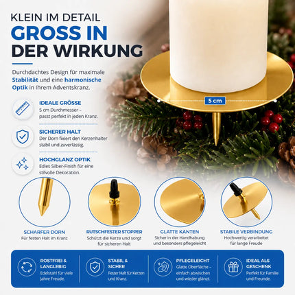 4X Kerzenstecker ca. 5 cm für Kerzen als Kerzenhalter Adventskranzstecker für Adventskranz Weihnachten Adventskranzhalter mit Dorn - Kerzenhalter (Gold)