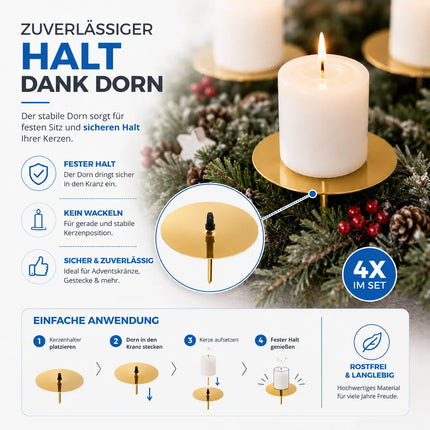 4X Kerzenstecker ca. 5 cm für Kerzen als Kerzenhalter Adventskranzstecker für Adventskranz Weihnachten Adventskranzhalter mit Dorn - Kerzenhalter (Gold)