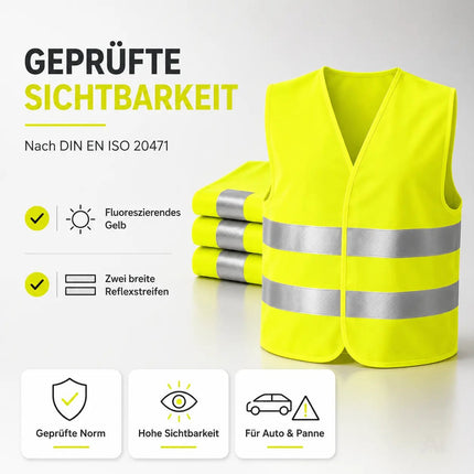 4X Warnweste Auto ISO20471-2025 & 2026: Neongelb - reflektierende Sicherheitsweste für PKW & LKW – Detailansicht 3