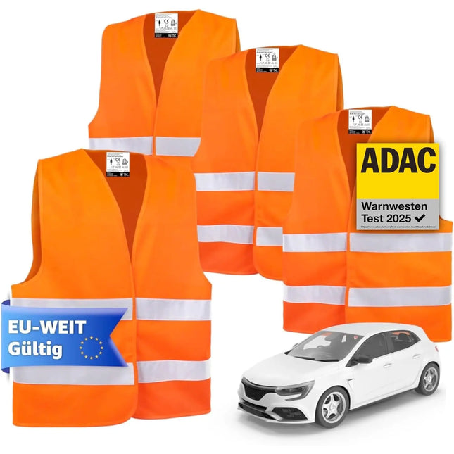 4X Warnwesten Auto orange - Warnweste Pannenweste 2025 Unfallweste ISO20471 - Sicherheitsweste