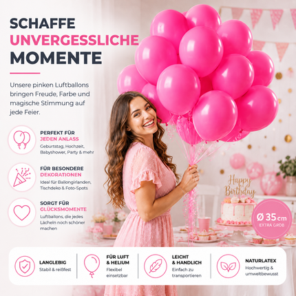 50x Luftballons pink Ø 35 cm für Geburtstag & Hochzeit & Party - Luft & Helium