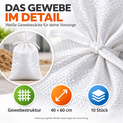 10x Sandsack bei Hochwasser - Hochwasserschutz mit Schnürband - 40x60 cm Sack & Gewebesack zum Wasserschutz ungefüllt